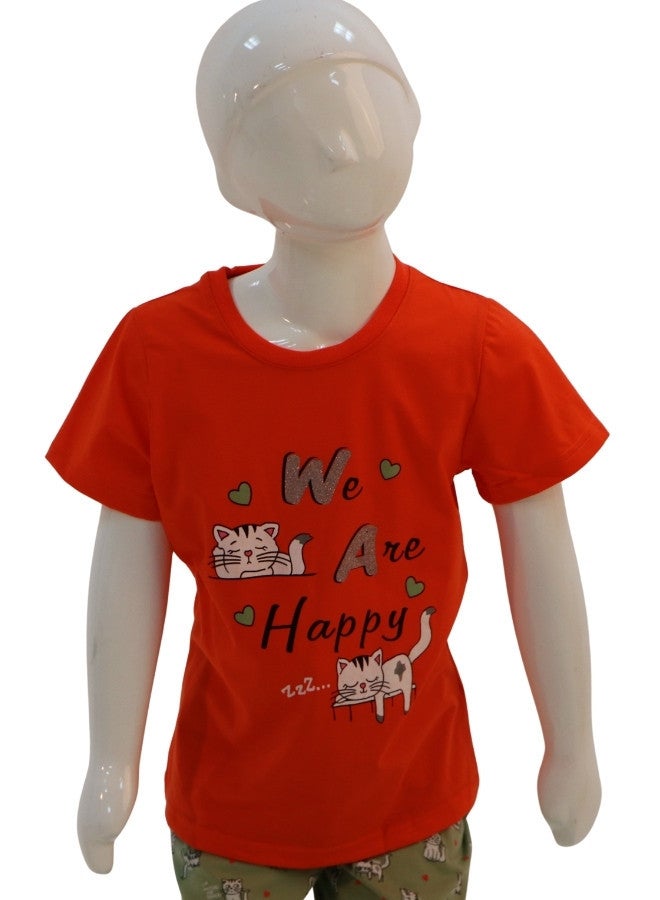 JOANNA JOANNA Girl's We Are Happy Print Short Sleeve Shirt & Long Pants Pajama Set, Red  - Image 1