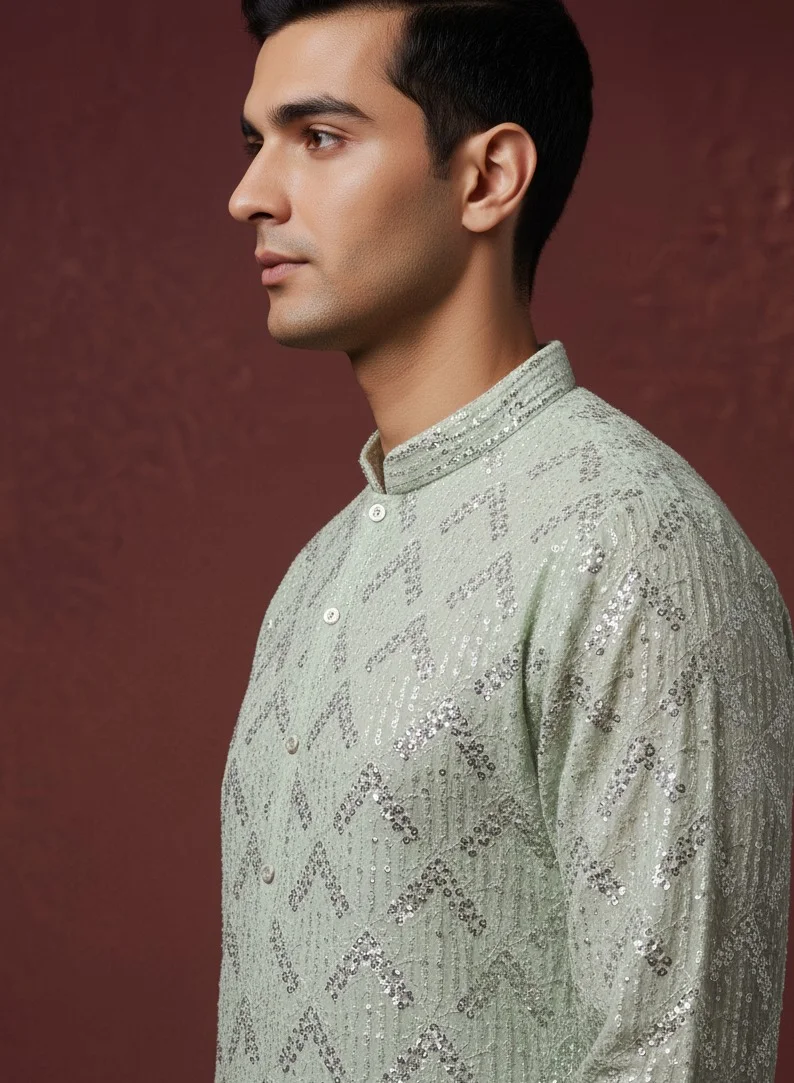 Lehar  Mint Green Mirror Work Kurta Set for Men | Best Price UAE