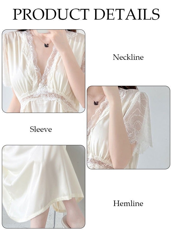 DUNISO Women's Short Sleeve Nightgown Lace Pajama Dress Sleepwear Girls Comfortable V Neck Nightwear Summer Home Wear Lounge Dress - Image 3