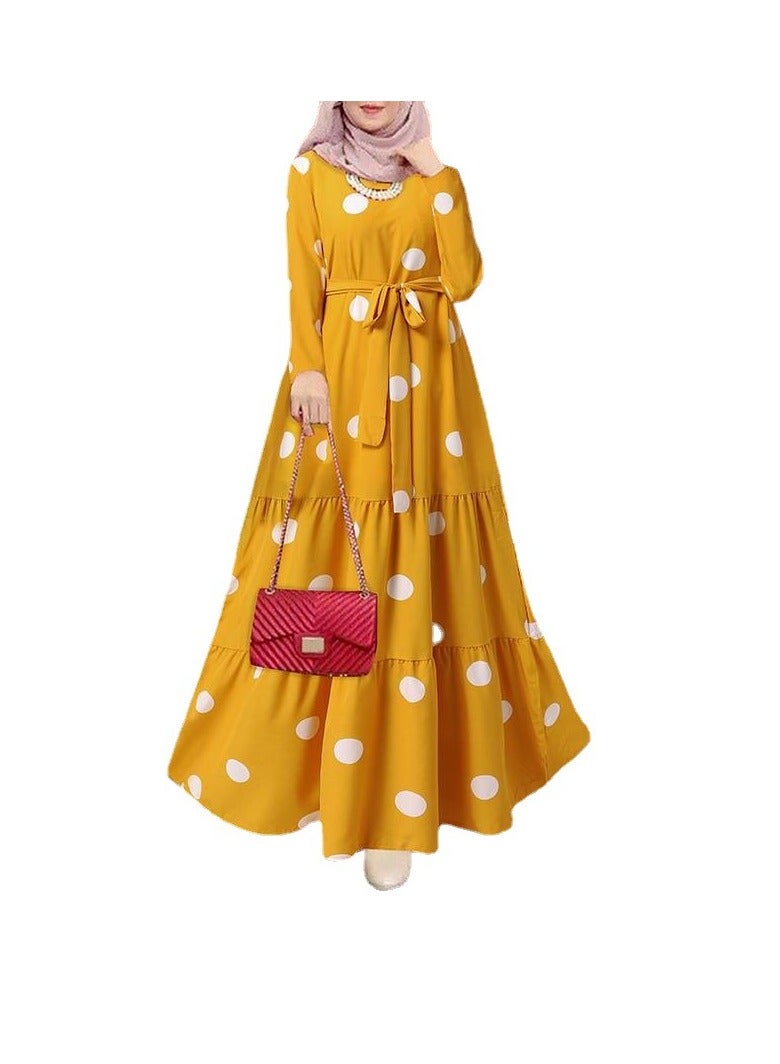 Aethvive Women Muslim Elegant Casual Loose Dress ，Abaya Long Sleeved Polka Dots Printed Maxi Robe Dress  - Image 1