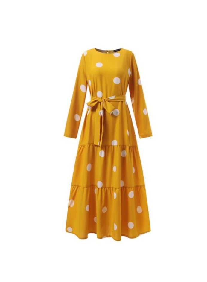 Aethvive Women Muslim Elegant Casual Loose Dress ，Abaya Long Sleeved Polka Dots Printed Maxi Robe Dress  - Image 3