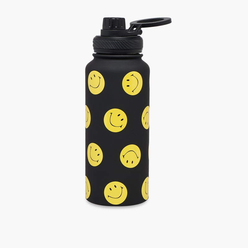 LIFESTYLE Smiley Print Black Stainless Steel Water Bottle - 1 L - Image 1