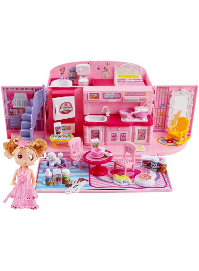 deAO Doll Houses Portable Backpack for Girls with Doll Toy House with Light and Music Baby Dollhouse Furniture for 3 to 8 Years Olds Toddler Kids - Image 2