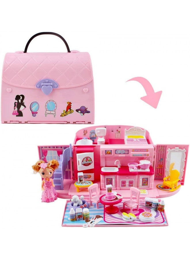 deAO Doll Houses Portable Backpack for Girls with Doll Toy House with Light and Music Baby Dollhouse Furniture for 3 to 8 Years Olds Toddler Kids - Image 1