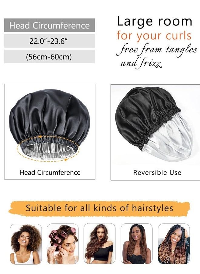 mikimini Black Satin Bonnet for Sleeping, Curly Hair Silk Sleep Cap for Women and Men Reversible Double Layer Bonnet X-Large Sleeping Cap Soft Stretchy Night Cap for Hair Care (Black+Silver)  - Image 4