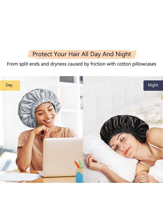 mikimini Black Satin Bonnet for Sleeping, Curly Hair Silk Sleep Cap for Women and Men Reversible Double Layer Bonnet X-Large Sleeping Cap Soft Stretchy Night Cap for Hair Care (Black+Silver)  - Image 2