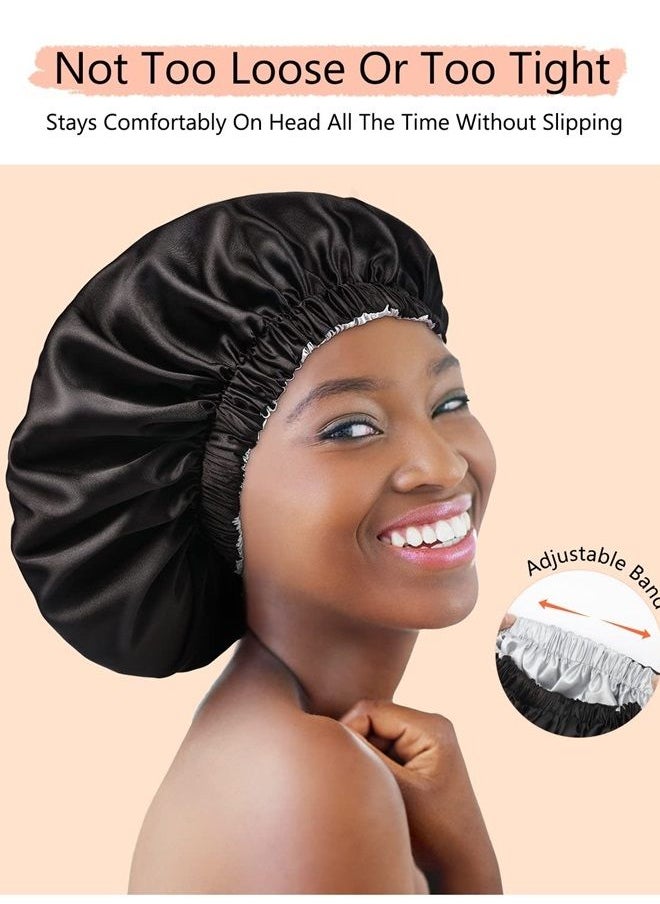 mikimini Black Satin Bonnet for Sleeping, Curly Hair Silk Sleep Cap for Women and Men Reversible Double Layer Bonnet X-Large Sleeping Cap Soft Stretchy Night Cap for Hair Care (Black+Silver)  - Image 3