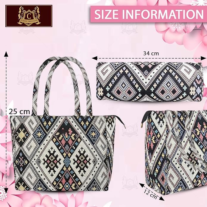 Monarch bizcom impex Stylish Tote Bag for Girls & Women | Sturdy Cotton Blend Jacquard | Durable & Elegant Double Shoulder Ladies Handbag Purse For Daily & Office,Travel Use Zip Pocket Multicolor - Image 4