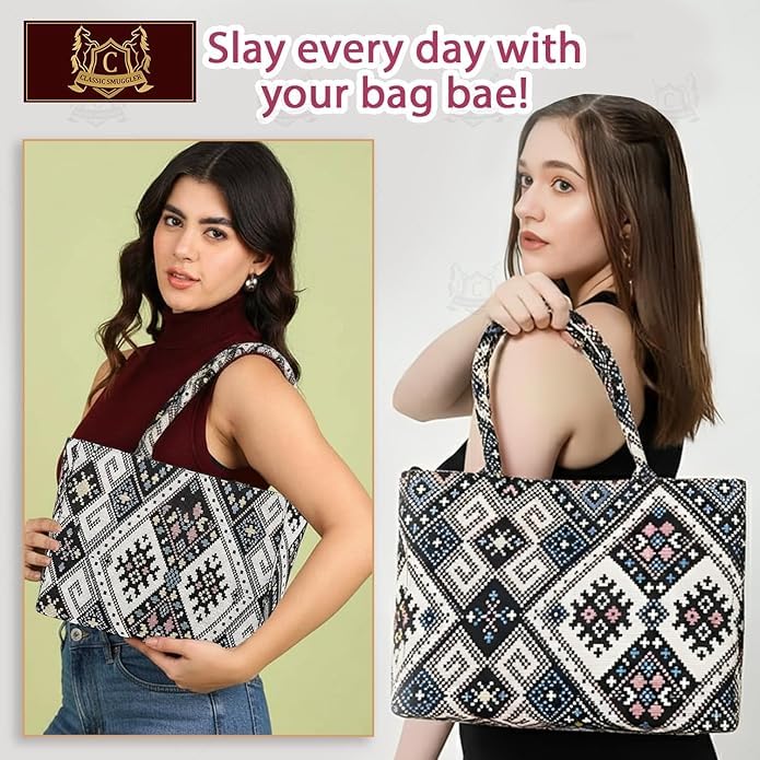 Monarch bizcom impex Stylish Tote Bag for Girls & Women | Sturdy Cotton Blend Jacquard | Durable & Elegant Double Shoulder Ladies Handbag Purse For Daily & Office,Travel Use Zip Pocket Multicolor - Image 2