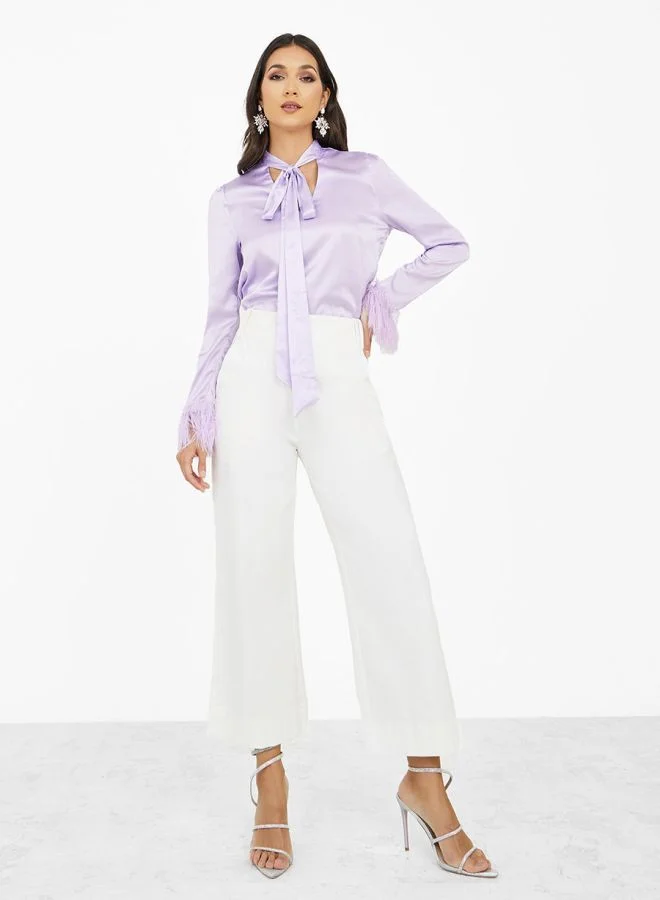 Styli High Neck Faux Feather Trim Detail Blouse
