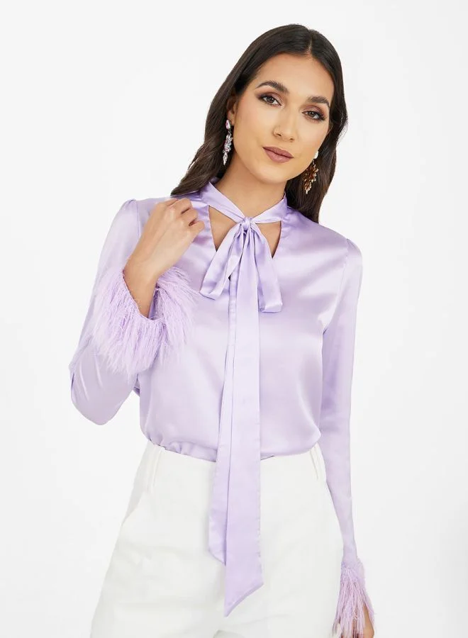 Styli High Neck Faux Feather Trim Detail Blouse