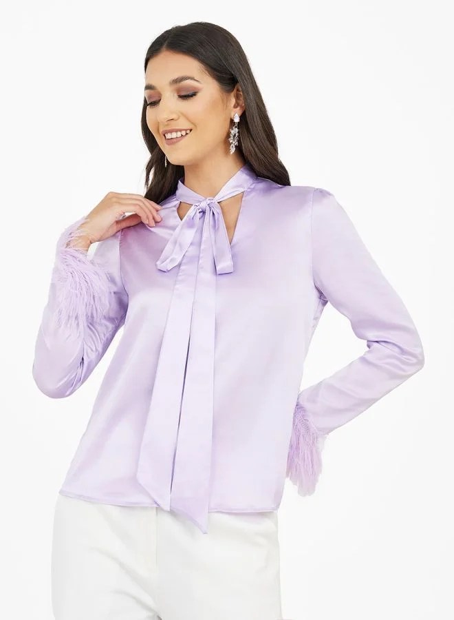 Styli High Neck Faux Feather Trim Detail Blouse