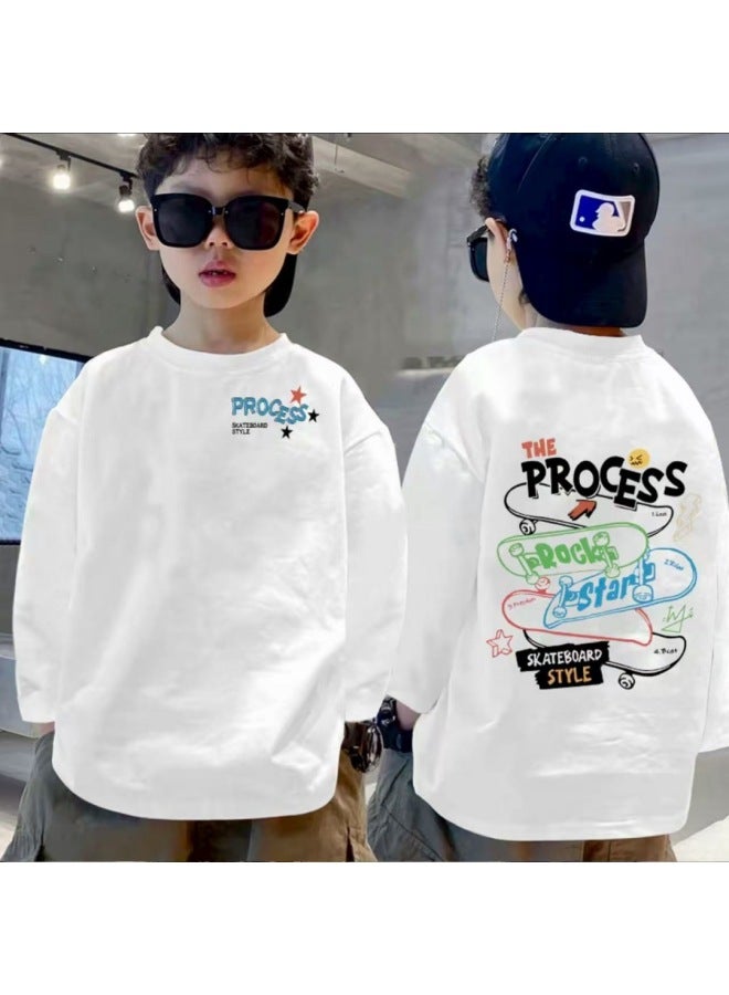 Boys' Pure Cotton Long-sleeved T-shirt Spring & Fall Korean Style Pullover Kidsren's Bottoming Shirt Fashionable Printed White Round Neck Medium And Large Kidsren