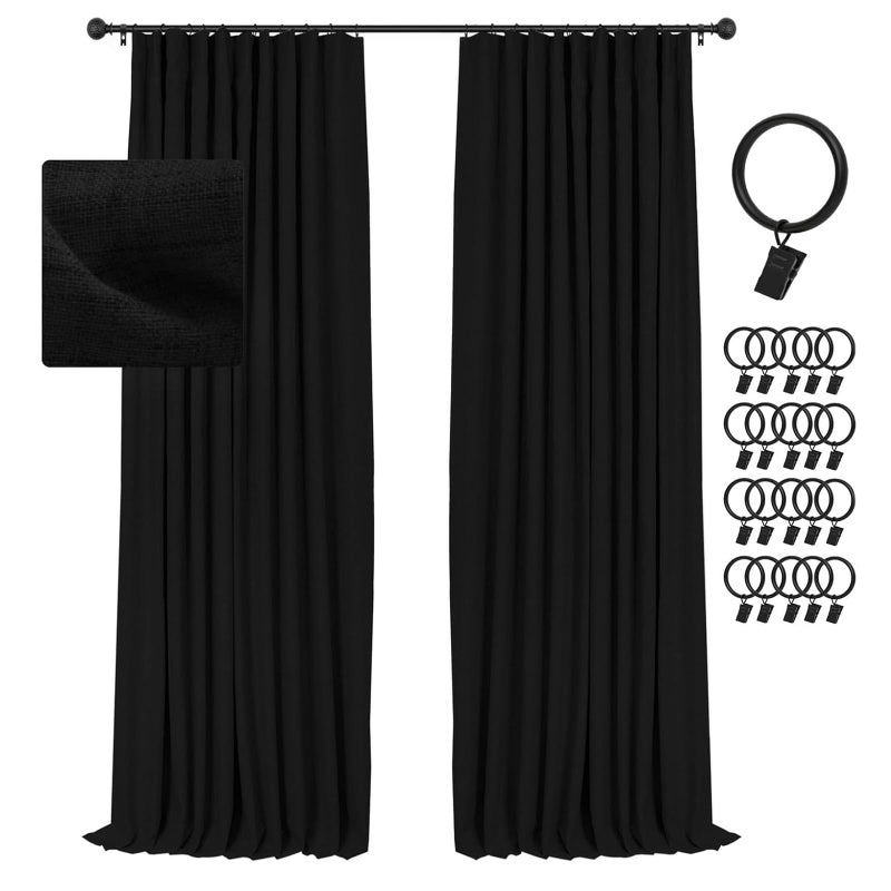 INOVADAY 100 Blackout Curtains for Bedroom Black Out Curtains 84 Inch Long Clip Rings Linen Blackout Drapes Thermal Insulated Room Darkening for Living Room 2 Panels  BlackW50xL84