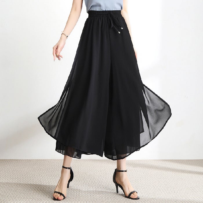 Chiffon wide-leg pants womens high waist draping summer new cropped thin dancing piaoyi skirt pants Black - Image 1
