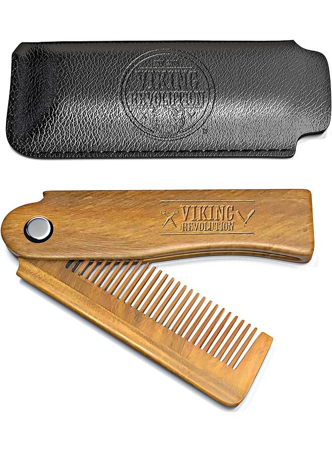 Viking Revolution Folding Beard Comb W/Carrying Pouch For Men - All Natural Wooden Beard Comb W/Gift Box - Green Sandalwood Comb For Grooming & Combing Hair, Beards And Mustaches - Image 1
