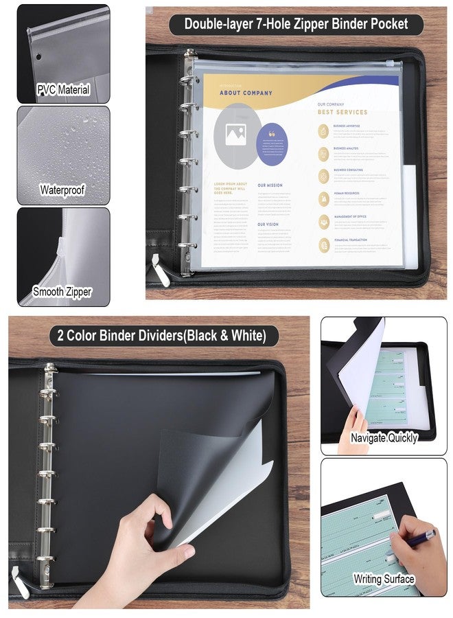 Antner Zippered 7 Ring Business Checkbook Binder Portfolio for 3-on-a-Page Business Checks, 600 Checks Capacity, PU Leather Check Book Binder Cover with Zipper Pouch & Dividers for 9x13 Sheets, Black - Image 4