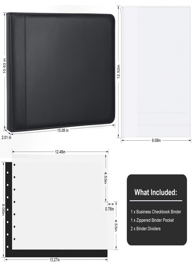 Antner Zippered 7 Ring Business Checkbook Binder Portfolio for 3-on-a-Page Business Checks, 600 Checks Capacity, PU Leather Check Book Binder Cover with Zipper Pouch & Dividers for 9x13 Sheets, Black - Image 2