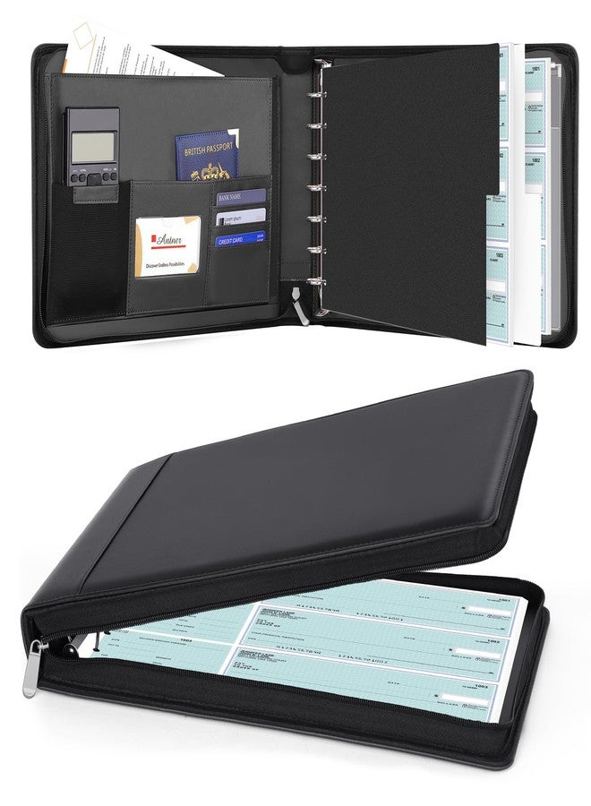 Antner Zippered 7 Ring Business Checkbook Binder Portfolio for 3-on-a-Page Business Checks, 600 Checks Capacity, PU Leather Check Book Binder Cover with Zipper Pouch & Dividers for 9x13 Sheets, Black - Image 1