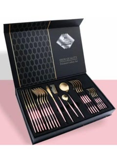 Generic Golden Spoon Set, 24 Pieces in Premium Carton Box, Premium Quality AR - Silverware Set Stainless Steel Cutlery: 24 Piece Dinnerware Utensils Dinner Forks Spoons Steak Knife Service 6 - 24 Piece Spoon Set - 6 Person Cutlery Set, 24 Piece Cutlery Set Black Gold Matt, Dinner Set with Knife Fork Spoon, Stainless Steel Cutlery Set, Dishwasher Safe  - Image 1