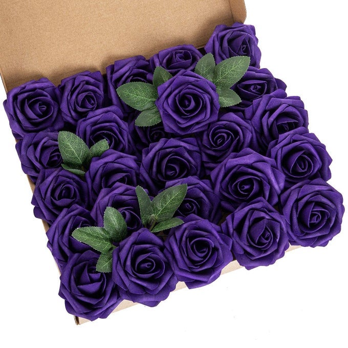 25PCS ARTIFICIAL FLOWER FOAM ROSE REAL TOUCH ROSES FLOWER HEADS WITH STEM FOR DIY WEDDING BOUQUETS CENTERPIECES ARRANGEMENTS PARTY BABY SHOWER HOME DECOR PURPLE