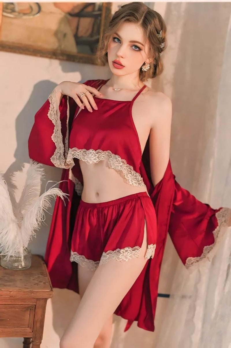 SHOP FRENZY Women Silk Blend Cami Shorts/Pajama Set Babydoll Chemise With Robe For Bridal Nighty, Honeymoon, Bridal Shower Gift, Best (Free Size) Red - Image 2