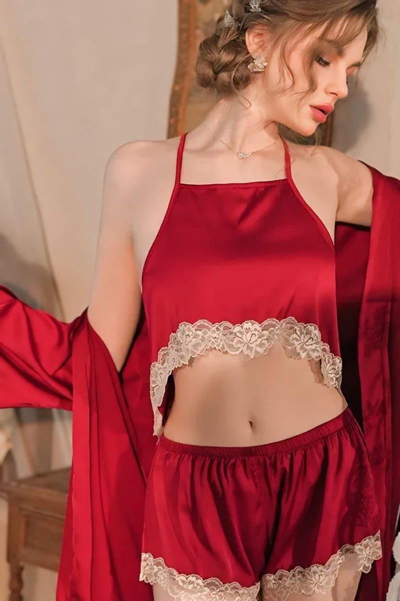SHOP FRENZY Women Silk Blend Cami Shorts/Pajama Set Babydoll Chemise With Robe For Bridal Nighty, Honeymoon, Bridal Shower Gift, Best (Free Size) Red - Image 3