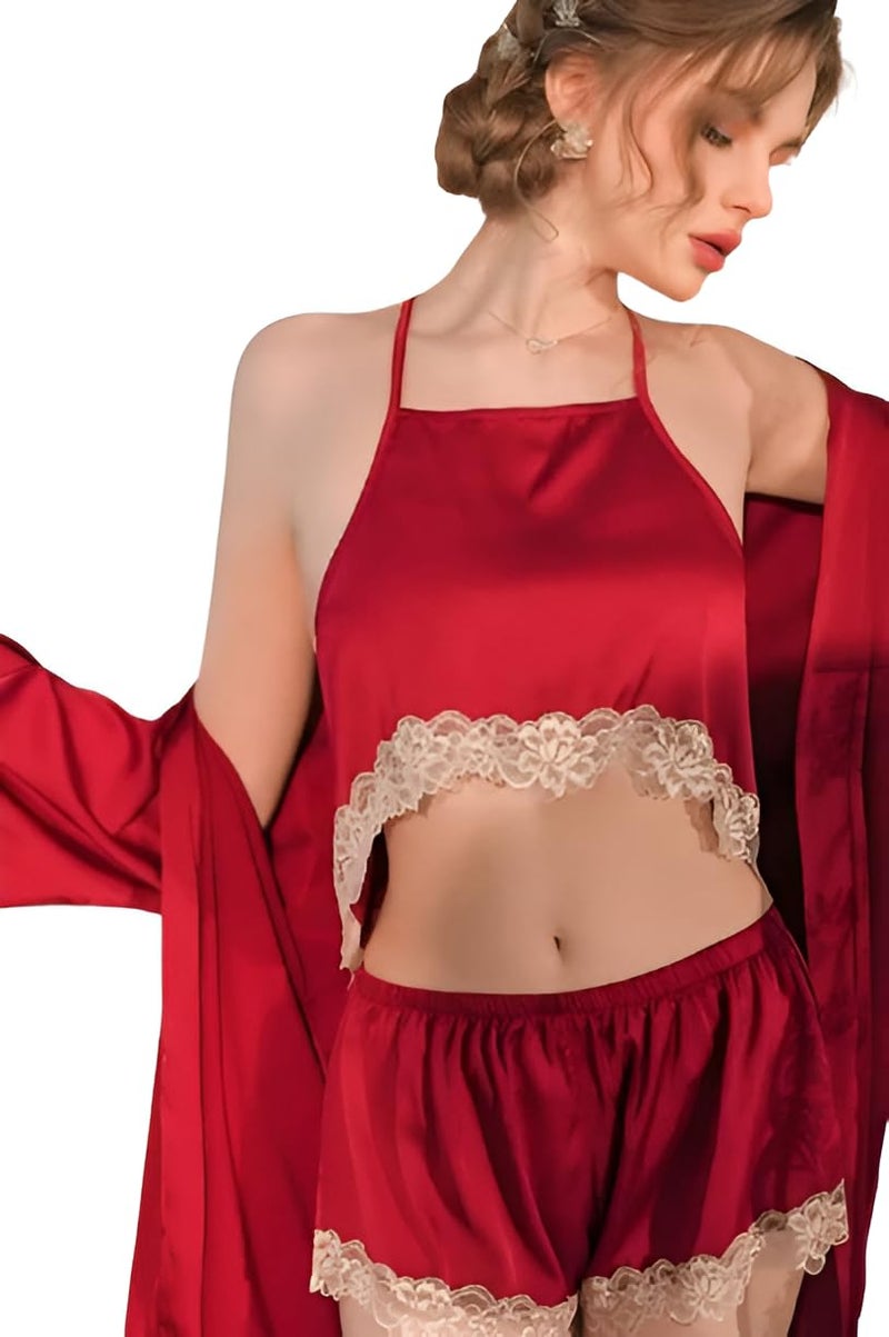 SHOP FRENZY Women Silk Blend Cami Shorts/Pajama Set Babydoll Chemise With Robe For Bridal Nighty, Honeymoon, Bridal Shower Gift, Best (Free Size) Red - Image 1