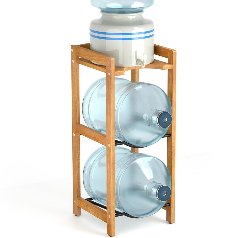 LASIDO 5 Gallon Water Jug Holder with Top Shelves, Natural Solid Wood Water Dispenser Stand 31"H, 3-Tiers 5 Gallon Water Jug Stand, Water Cooler Jug Rack, 5 Gallon Water Bottle Holder with 2 Slot & Top Shelf - Image 1