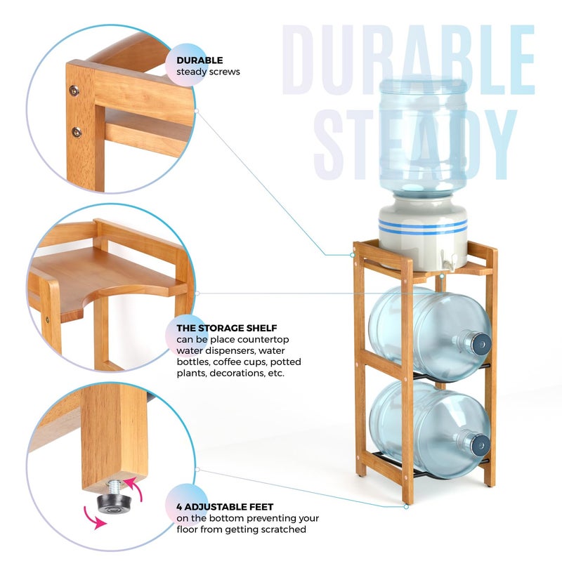 LASIDO 5 Gallon Water Jug Holder with Top Shelves, Natural Solid Wood Water Dispenser Stand 31"H, 3-Tiers 5 Gallon Water Jug Stand, Water Cooler Jug Rack, 5 Gallon Water Bottle Holder with 2 Slot & Top Shelf - Image 3