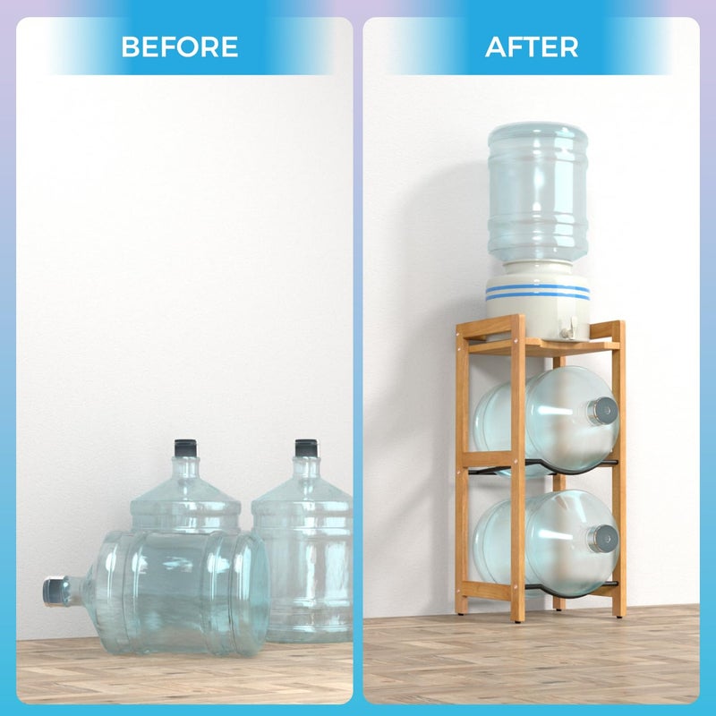 LASIDO 5 Gallon Water Jug Holder with Top Shelves, Natural Solid Wood Water Dispenser Stand 31"H, 3-Tiers 5 Gallon Water Jug Stand, Water Cooler Jug Rack, 5 Gallon Water Bottle Holder with 2 Slot & Top Shelf - Image 4