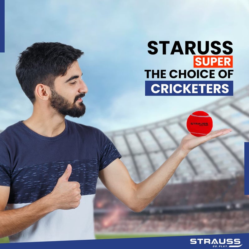 STRAUSS كرات تنس الكريكيت | وزن متوسط (صلب) | عبوة من 6 | اللون: أحمر | للشارع، الحديقة، المنتزه، الشاطئ وكريكيت الجولي | كرات تنس مطاطية فاخرة | لجميع الفئات العمرية | كرة تنس كريكيت - Image 2