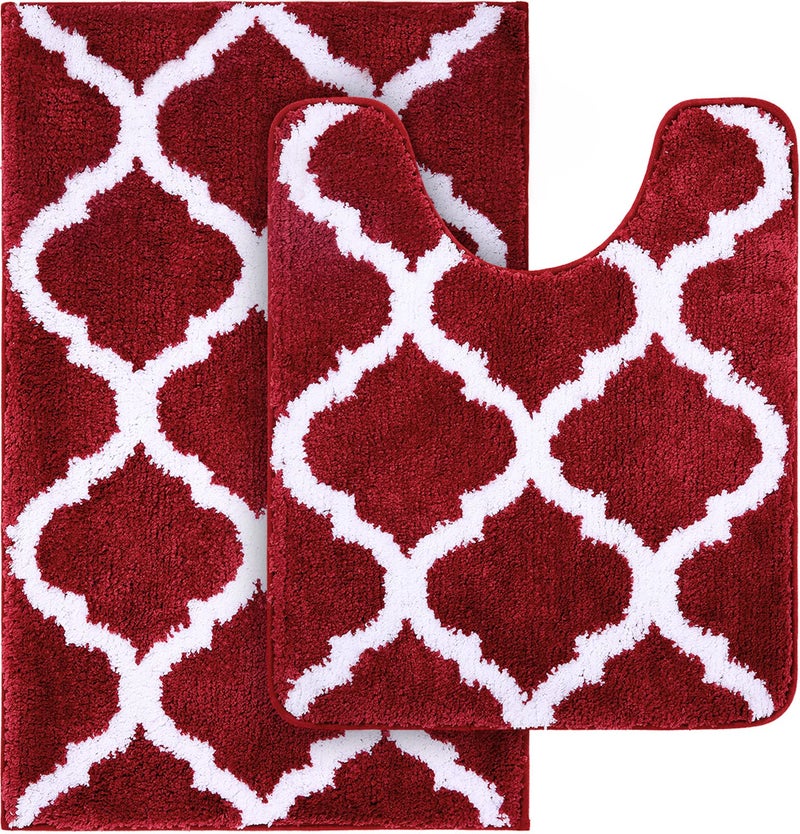 OLANLY Bathroom Rugs Set 2 Piece Microfiber Bath Shower Mat and U-Shaped Toilet Rug  Machine Wash Dry  Non-Slip Absorbent Shaggy Bath Rug for Tub  Shower and Bath Room (30""x20""+24""x20""  Burgundy) - Image 1
