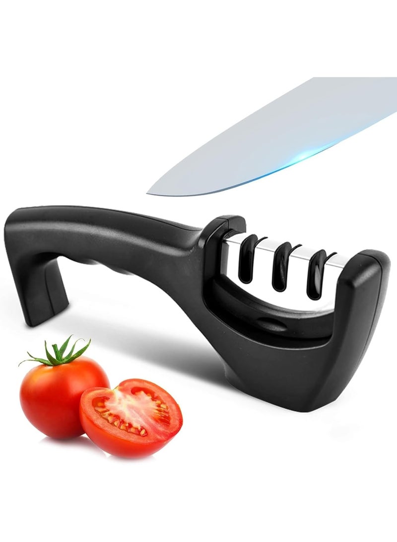 MOMENT Kitchen Knife Sharpener with 3 Stages, Professional Manual Blade Sharpening System, Ceramic Stone, Tungsten Carbide Plates, Diamond rods, Ergonomic Handle, Non-Slip Base,Stylish Black - Image 1