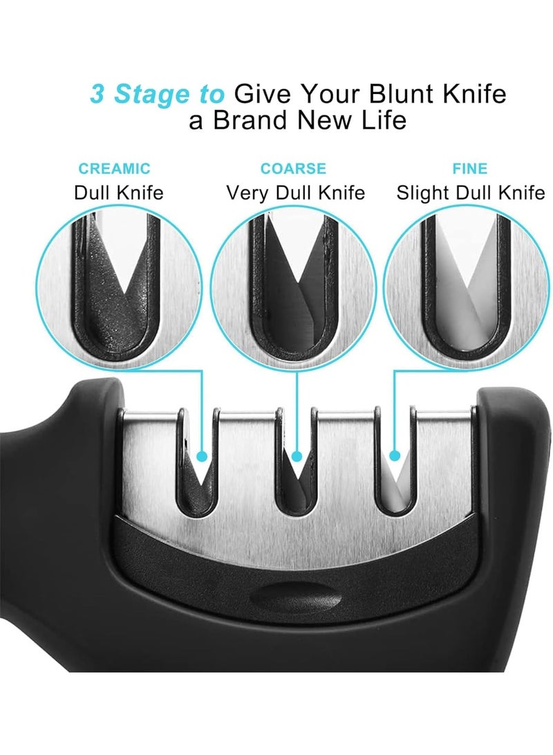 MOMENT Kitchen Knife Sharpener with 3 Stages, Professional Manual Blade Sharpening System, Ceramic Stone, Tungsten Carbide Plates, Diamond rods, Ergonomic Handle, Non-Slip Base,Stylish Black - Image 4