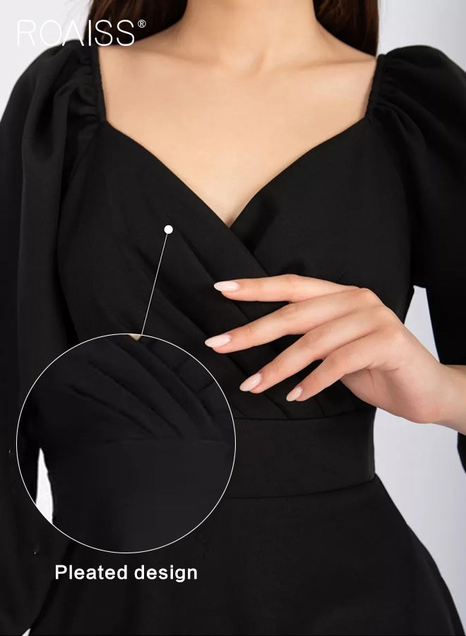 رويس فستان نسائي مكشوف الكتفين مع جيوب جانبية، ورقبة على شكل V وأكمام منفوشة، وتنورة على شكل A، فستان أنيق وعصري بطول متوسط للسيدات، مثالي للارتداء اليومي والحفلات أو أي نشاط خارجي. - Image 4