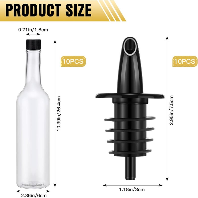 Tioncy 10 Sets 15oz Plastic Liquor Bottles with Pourers Sets 10 Plastic Long Neck Syrup Bottles with Pourer and Caps Reusable Leakproof for Home Party Bar(Black) - Image 2