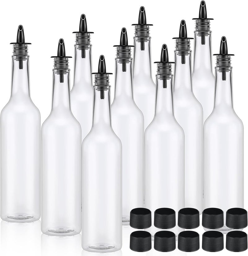 Tioncy 10 Sets 15oz Plastic Liquor Bottles with Pourers Sets 10 Plastic Long Neck Syrup Bottles with Pourer and Caps Reusable Leakproof for Home Party Bar(Black) - Image 1