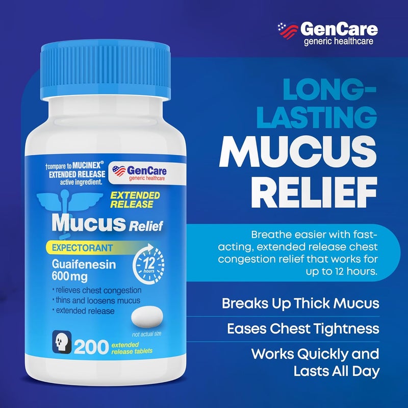 GenCare  Mucus Relief Guaifenesin 600mg 200 Tablets Mucus Relief Expectorant for Congestion  Cough  Extended Release Tablets for Immediate  Lasting Relief - Image 2