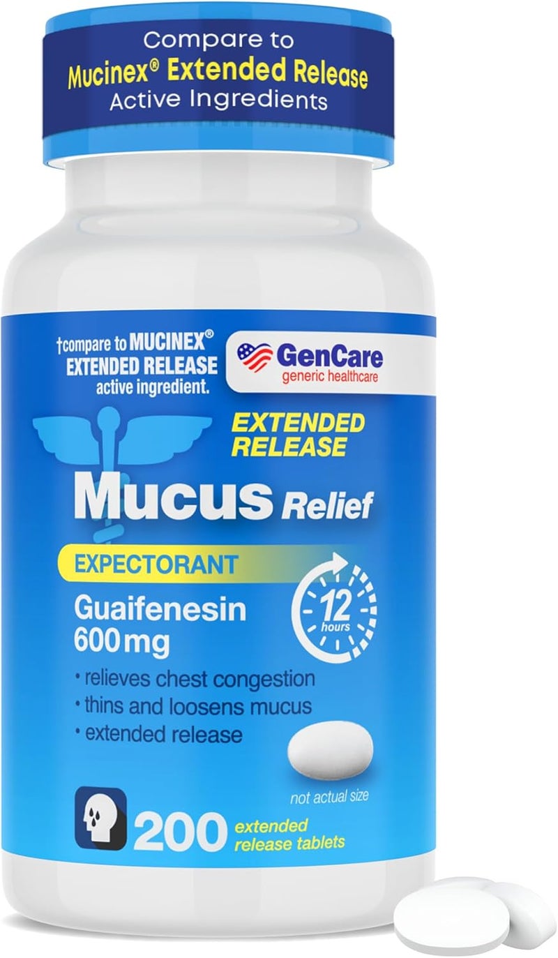 GenCare  Mucus Relief Guaifenesin 600mg 200 Tablets Mucus Relief Expectorant for Congestion  Cough  Extended Release Tablets for Immediate  Lasting Relief - Image 1