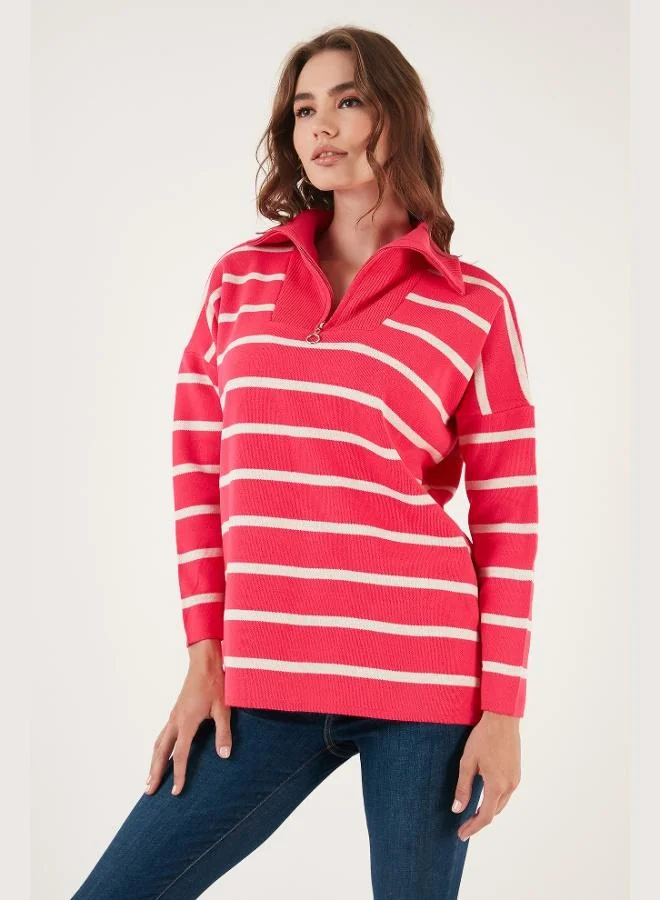 ليلا كنزة نسائية مخططة بنصف سحاب مقاس كبير