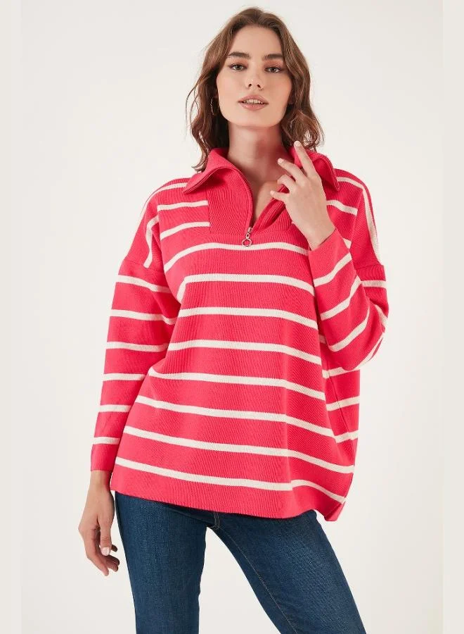 ليلا كنزة نسائية مخططة بنصف سحاب مقاس كبير