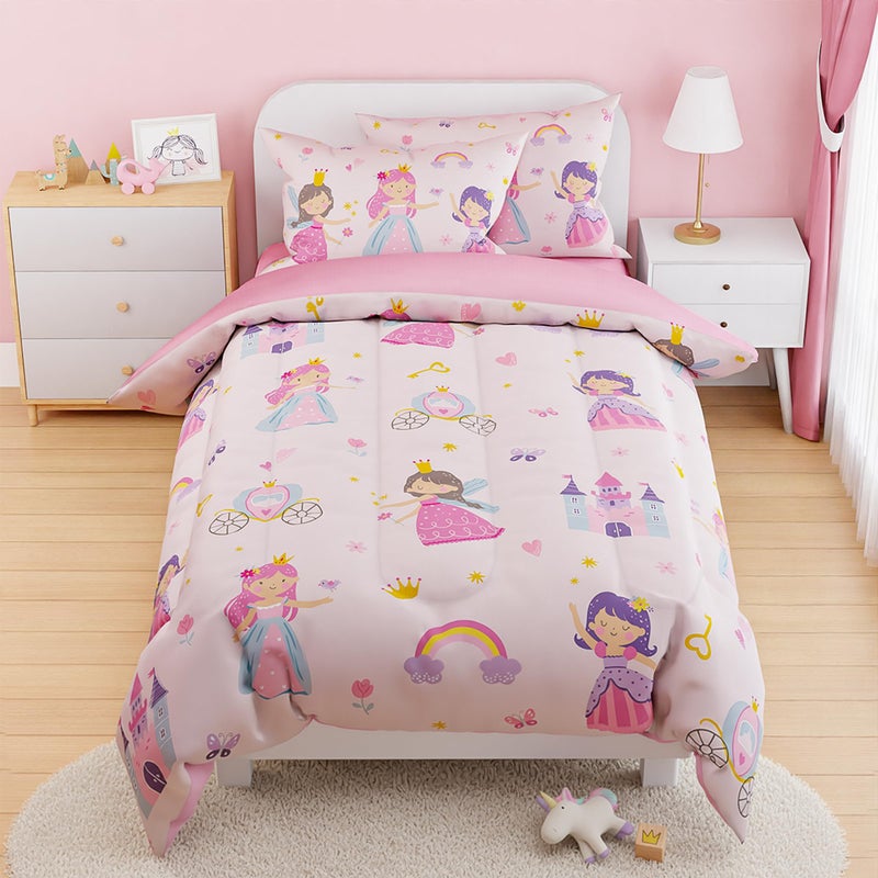 SANDJEST Princess Comforter Set Twin Size 68x86in for Kids Girls, Microfiber 3 Pcs Bedding Set Includes 1 Comforter, 1 Pillowcase, 1 Fitted Sheet, Nursery Room Decor - Image 1