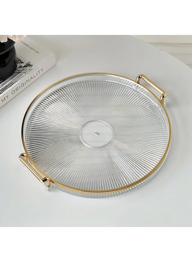 DIOTTI 27cm Clear Acrylic Round Serving Tray with Handles, Decorative Organizer for Coffee Table, Snacks, Drinks, Fruit & Home Entertaining (Gold Accents) - Image 1