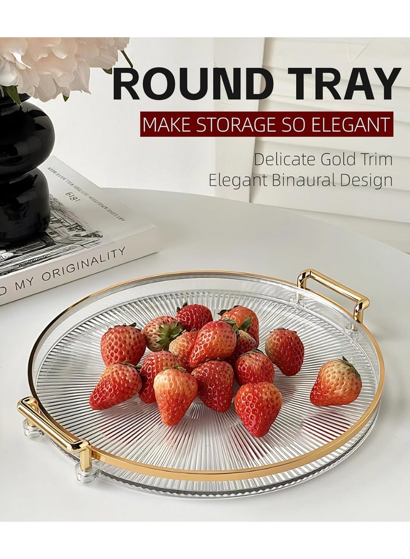 DIOTTI 27cm Clear Acrylic Round Serving Tray with Handles, Decorative Organizer for Coffee Table, Snacks, Drinks, Fruit & Home Entertaining (Gold Accents) - Image 3