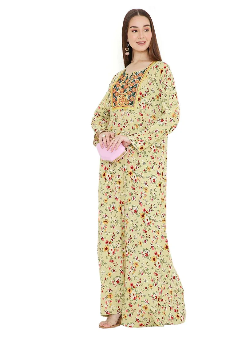 HANA & SARA UNIQUE LONG PRINTED WITH STYLISH MULTICOLOUR THREAD EMBROIDERY ELEGANT ARABIC KAFTAN JALABIYA DRESS