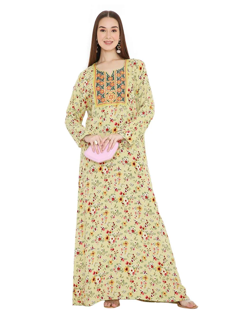 HANA & SARA UNIQUE LONG PRINTED WITH STYLISH MULTICOLOUR THREAD EMBROIDERY ELEGANT ARABIC KAFTAN JALABIYA DRESS