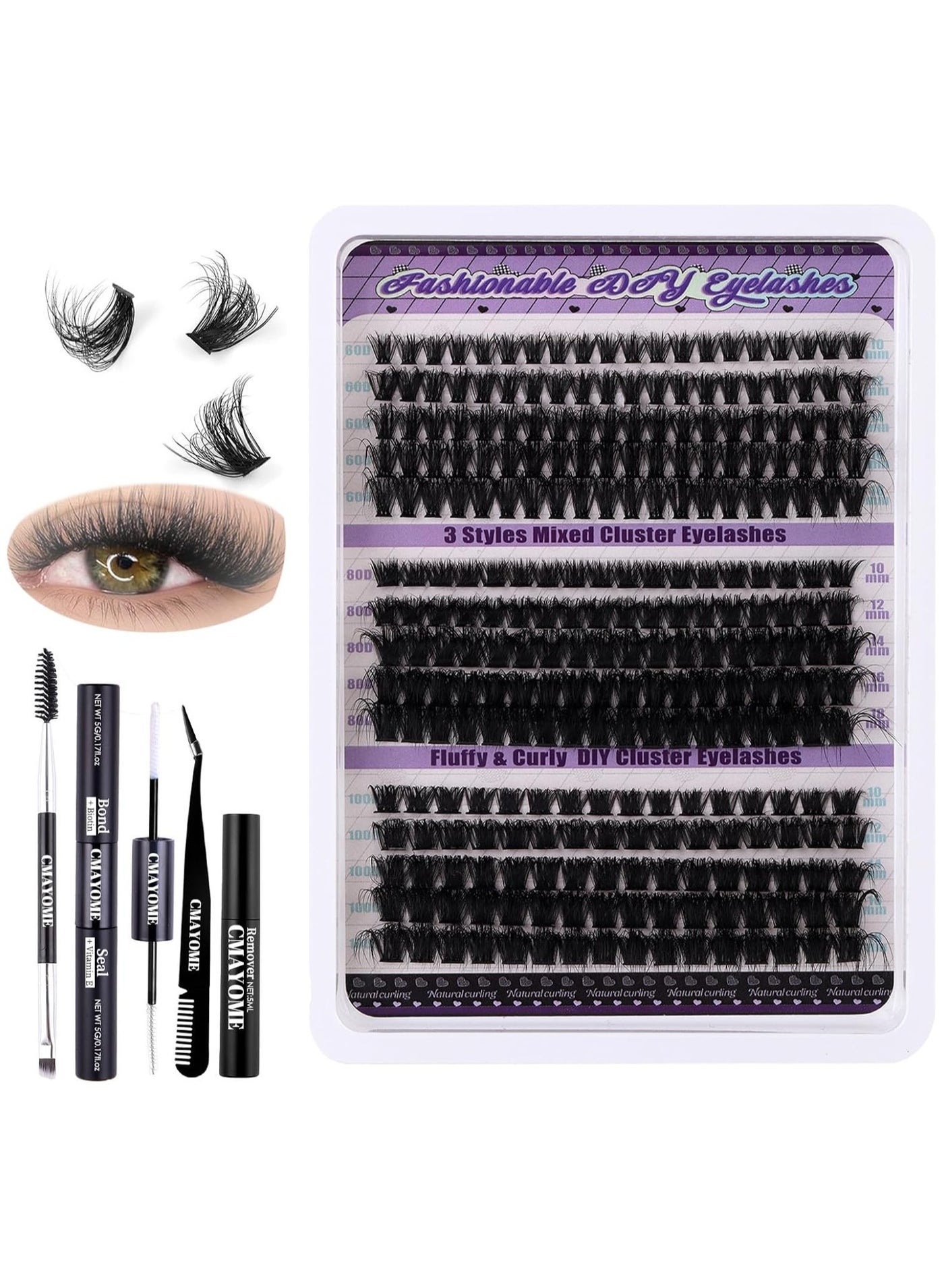 270 Pcs Lash Clusters, Lash Adhesive Glue, Remover & Lash Tweezer Set Eyelash Extensions Wispy False Eyelashes Lash Clusters DIY Eyelash Extensions Individual False Eyelashes for Women