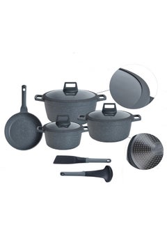 PROCILA 9-Piece Aluminum Cookware Set Black; Casserole Sizes 20,24,28CM; Frypan Size 26CM; Tempered Glass Lid With Silicone Ring, Non-Stick & Granite Coating, Induction Bottom For Even Heating  - Image 2