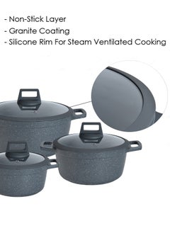 PROCILA 9-Piece Aluminum Cookware Set Black; Casserole Sizes 20,24,28CM; Frypan Size 26CM; Tempered Glass Lid With Silicone Ring, Non-Stick & Granite Coating, Induction Bottom For Even Heating  - Image 3